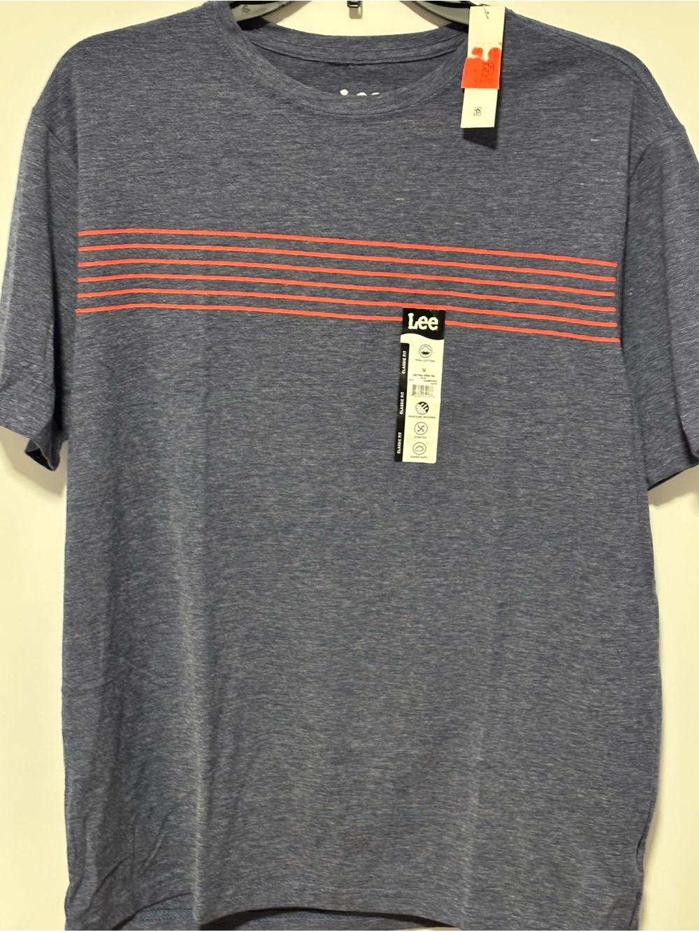 Lee Men’s Heather Blue Short-Sleeve Tee with Coral Stripe Detail